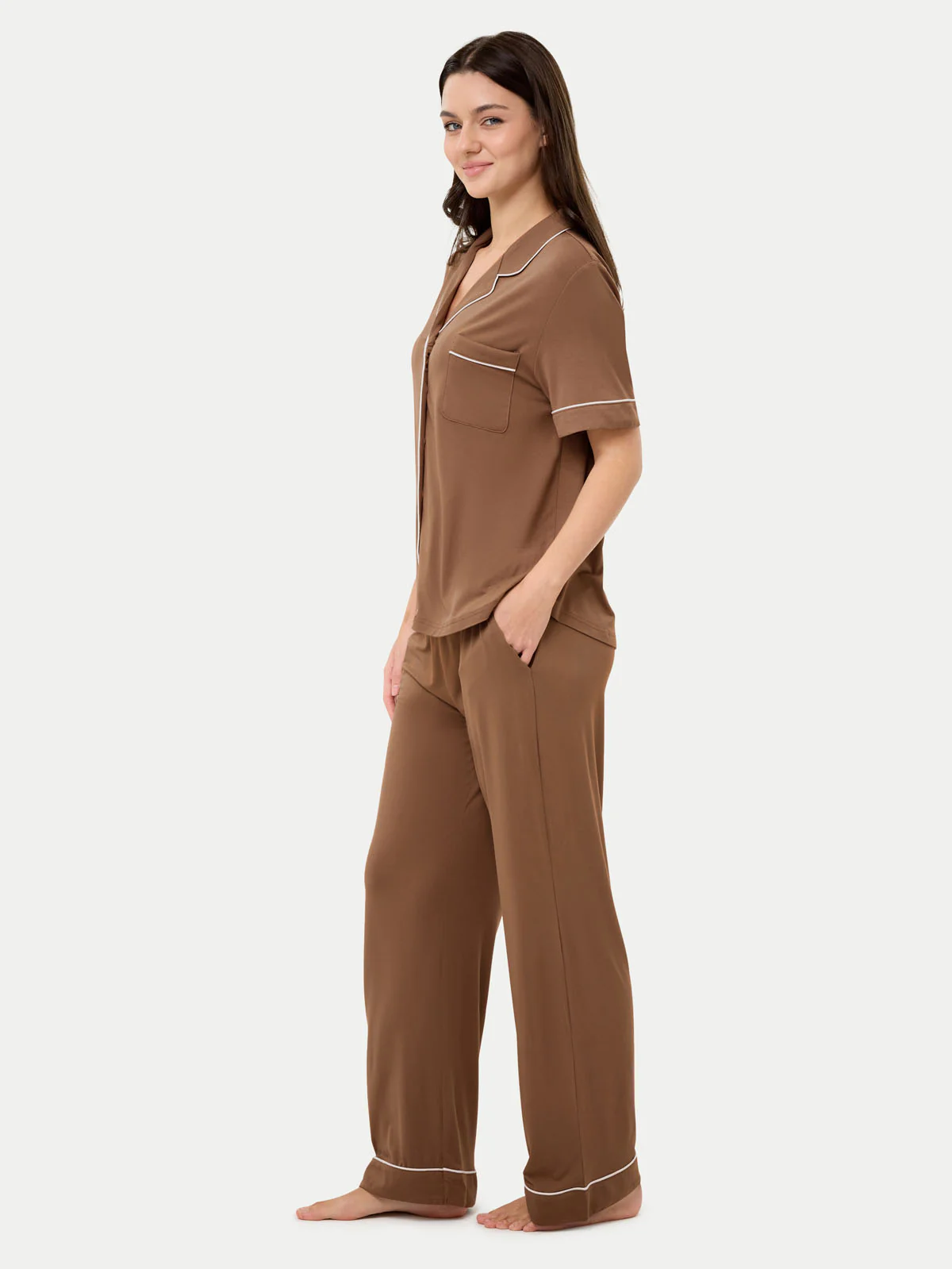 Short Sleeve Bamboo Pajama Set with Pants - Image 44