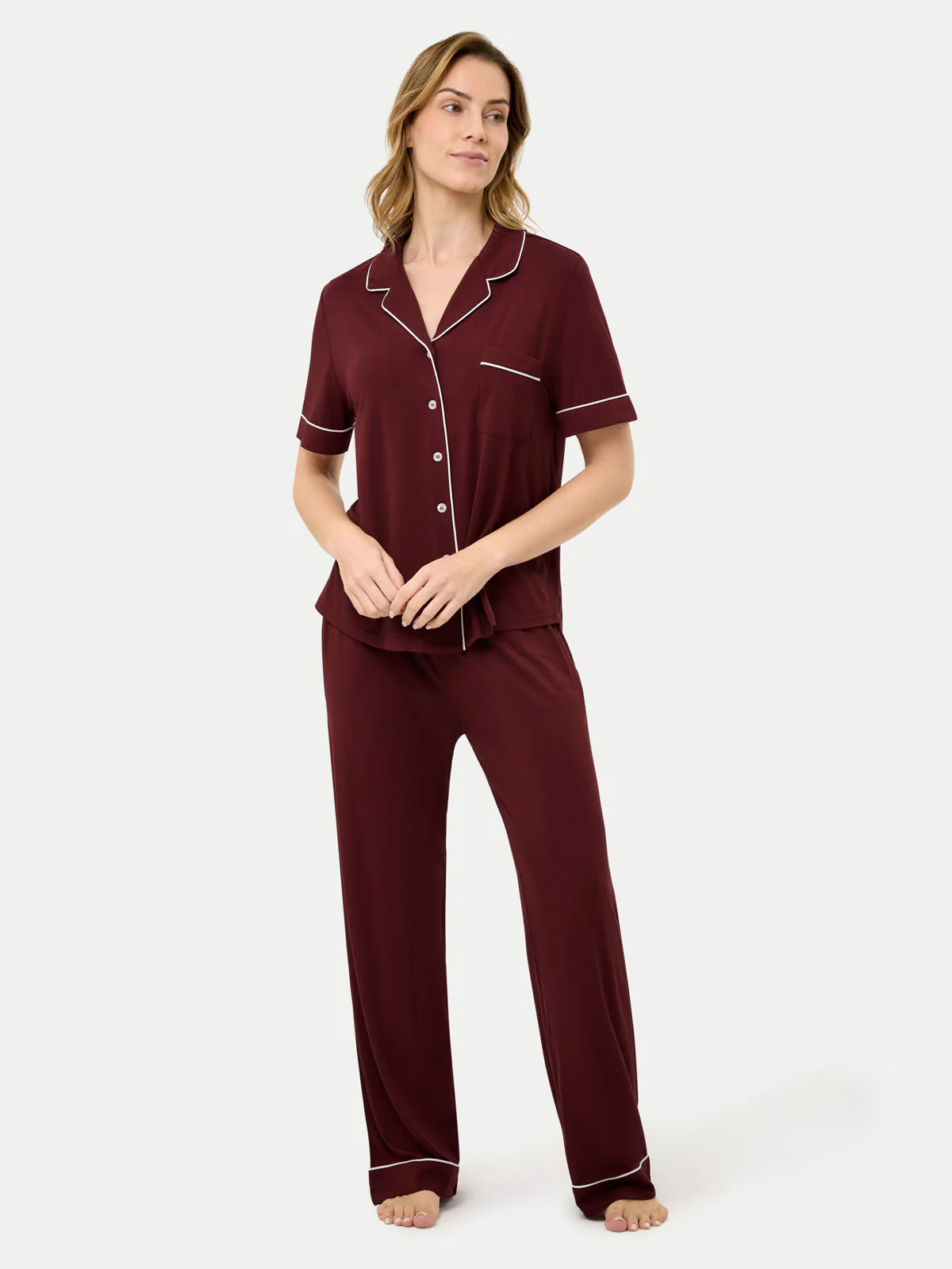 Short Sleeve Bamboo Pajama Set with Pants - Image 49