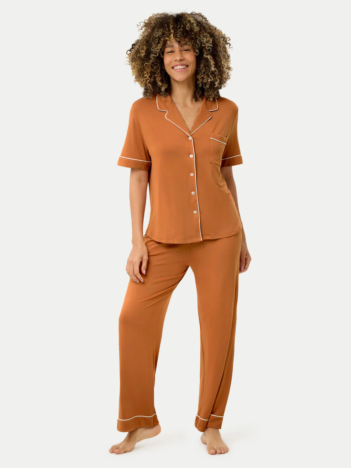 Short Sleeve Bamboo Pajama Set with Pants - Image 54