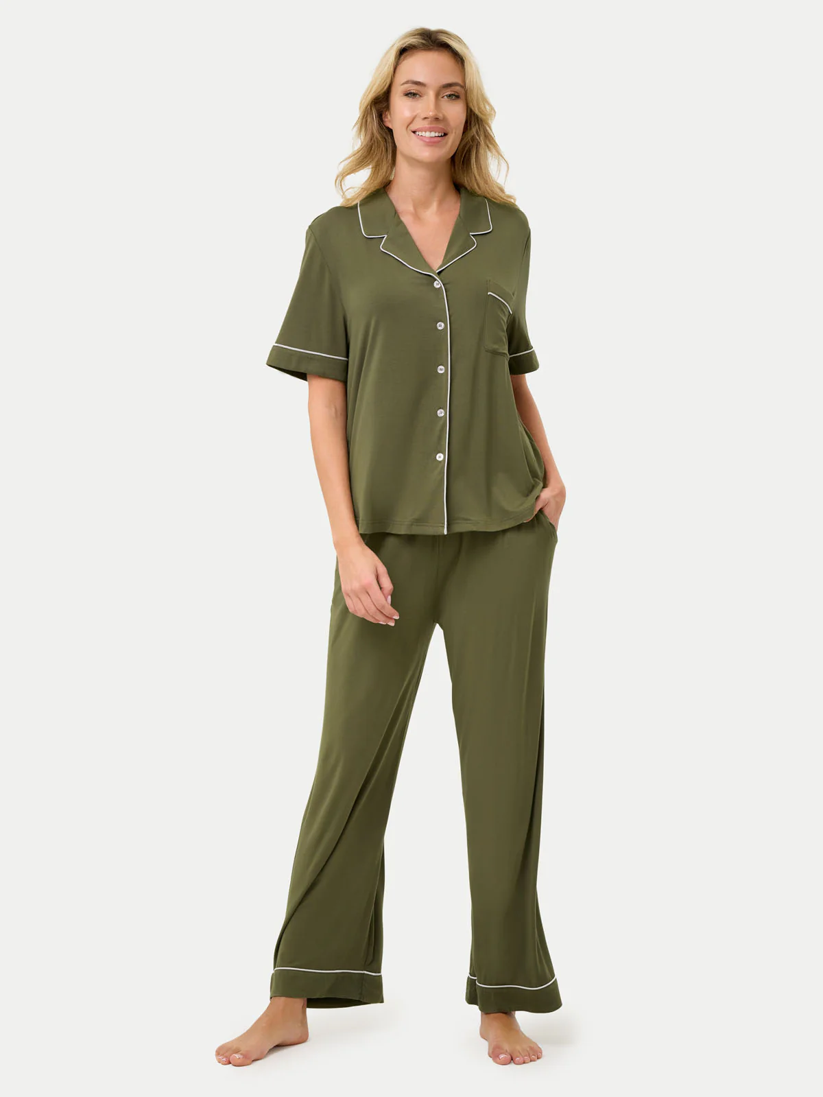 Short Sleeve Bamboo Pajama Set with Pants - Image 60
