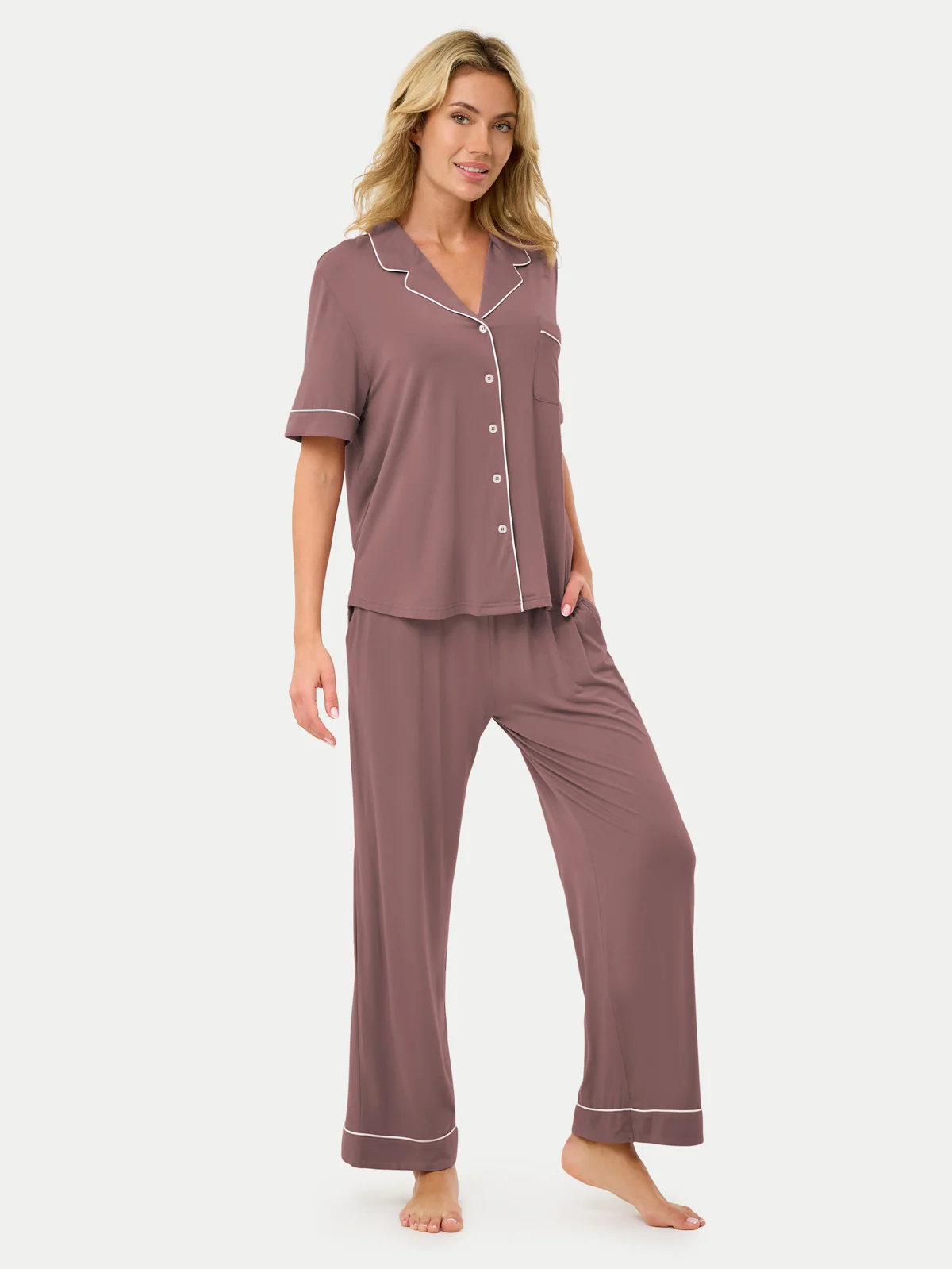 Short Sleeve Bamboo Pajama Set with Pants - Image 66