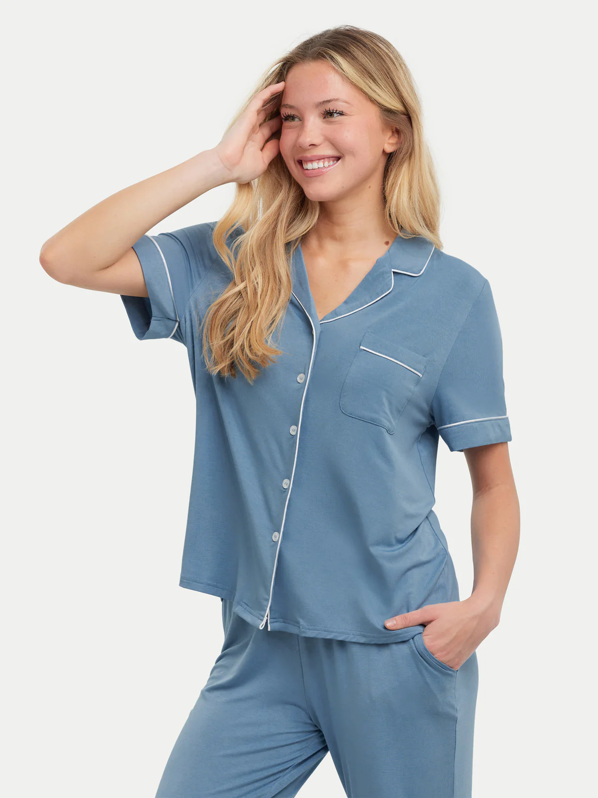 Short Sleeve Bamboo Pajama Set with Pants - Image 77