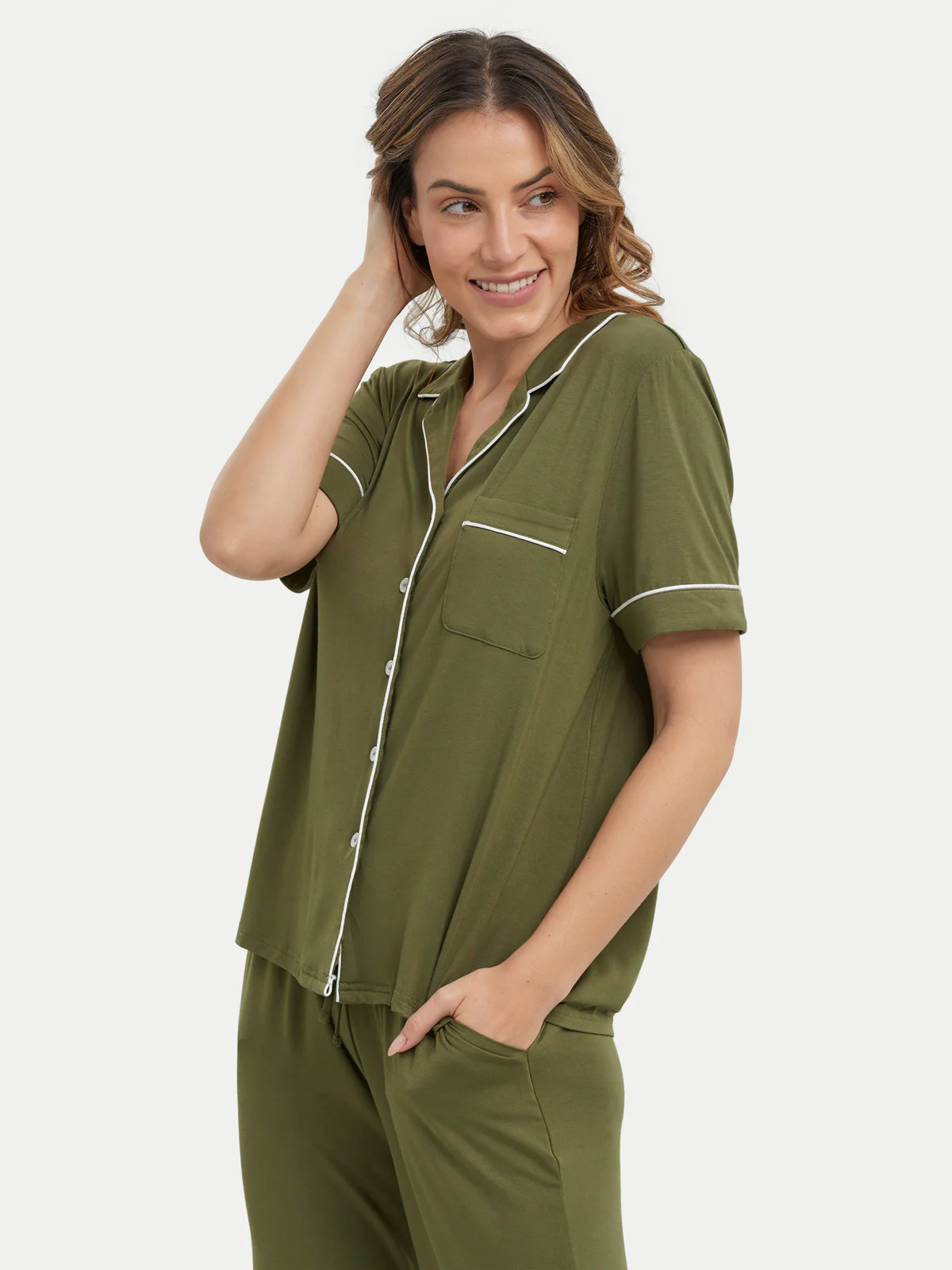 Short Sleeve Bamboo Pajama Set with Pants - Image 83