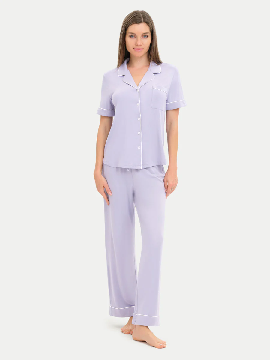 Short Sleeve Bamboo Pajama Set with Pants - Image 86