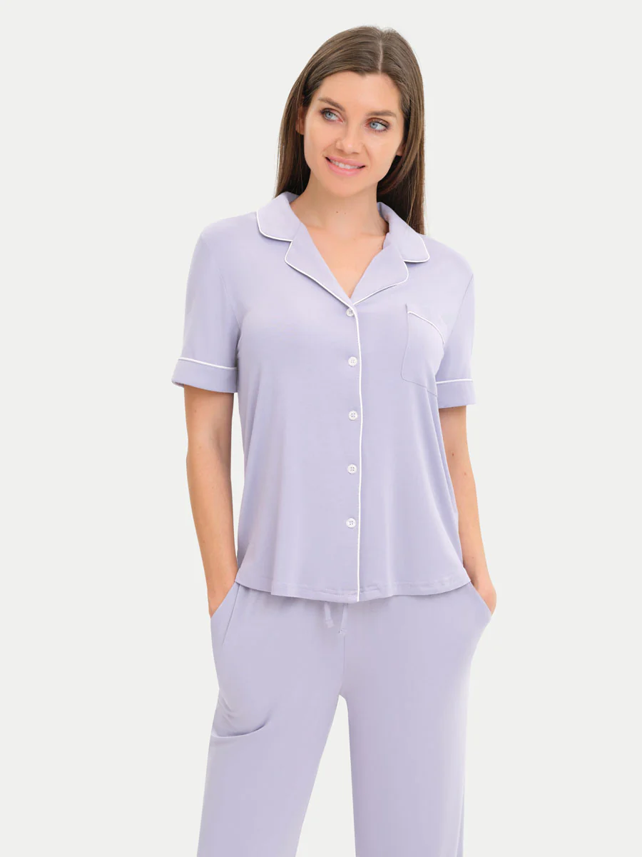 Short Sleeve Bamboo Pajama Set with Pants - Image 90